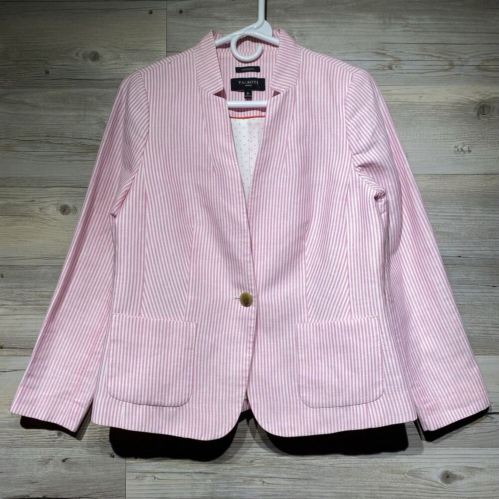 Talbots Aberdeen Blazer Linen Blend Pink White Stripe Size 8P Preppy Old Money